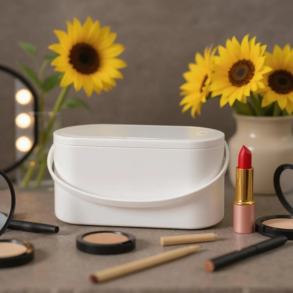 Portable makeup case with lighted mirror