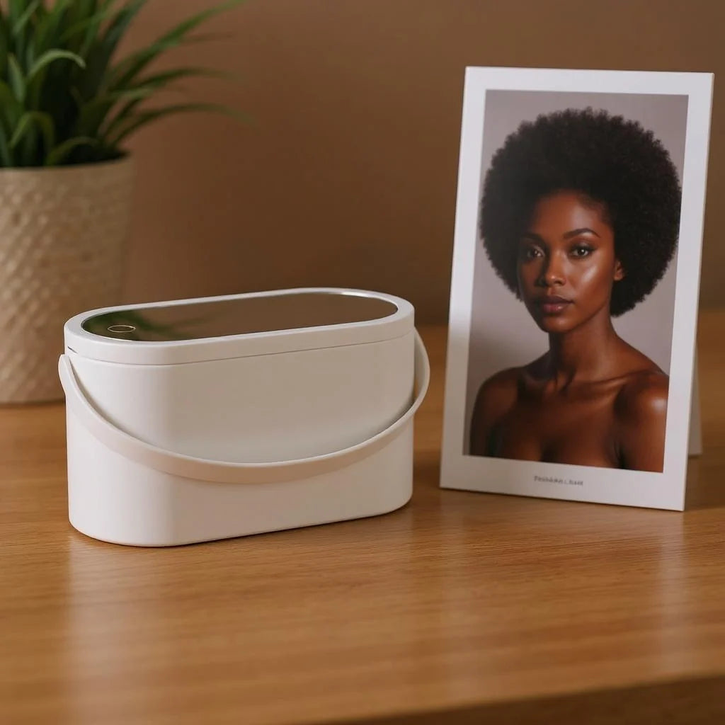 Portable makeup case with lighted mirror