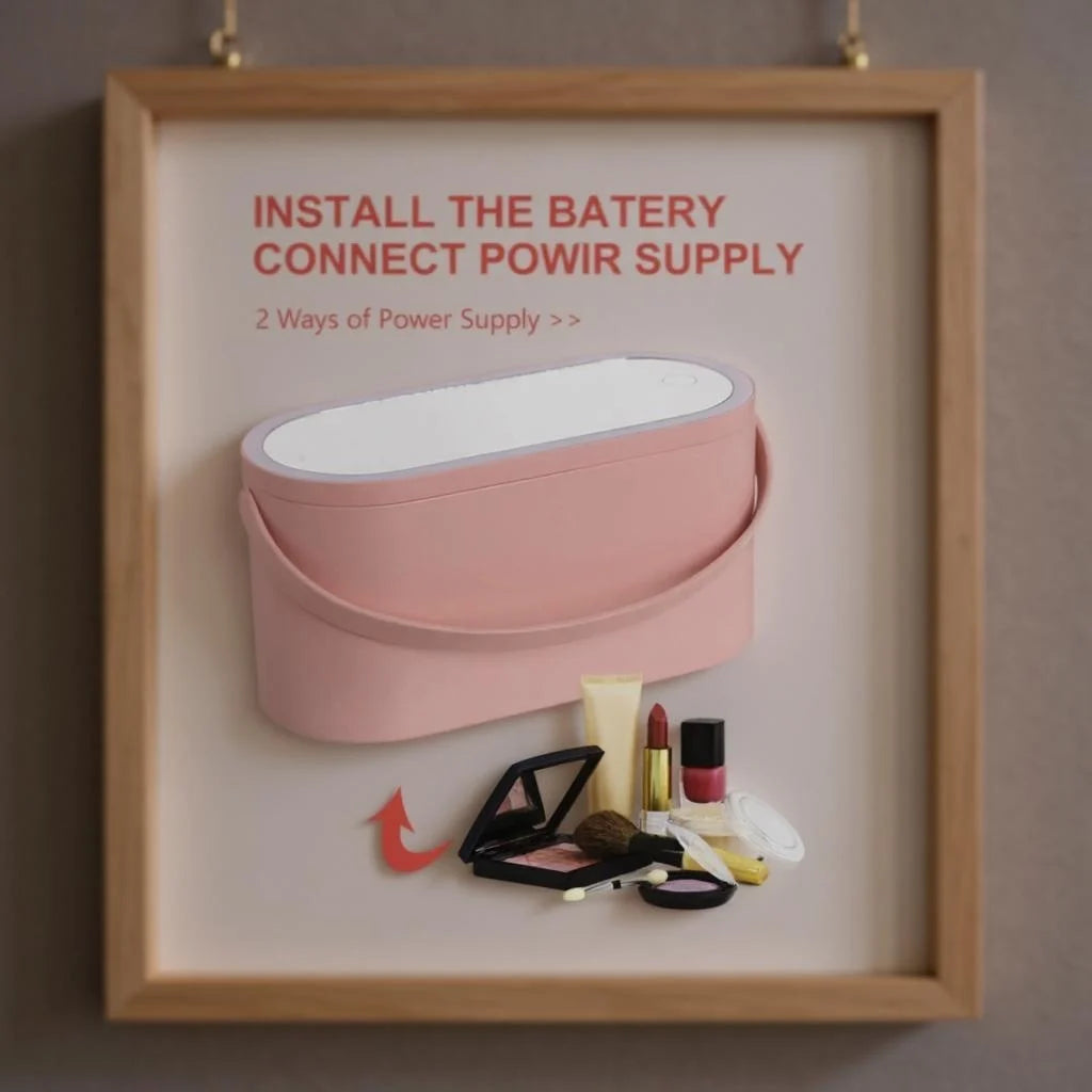 Portable makeup case with lighted mirror