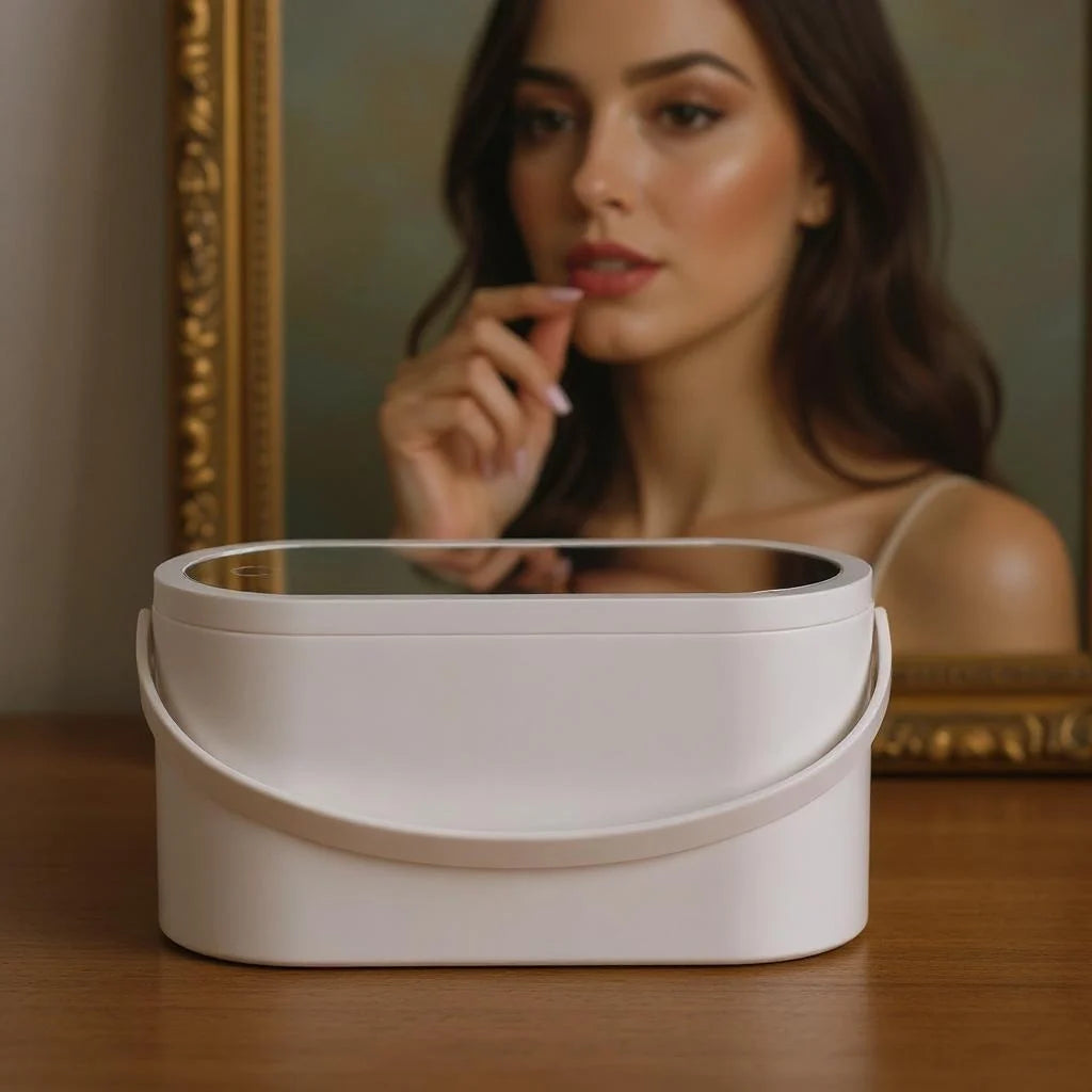 Portable makeup case with lighted mirror 