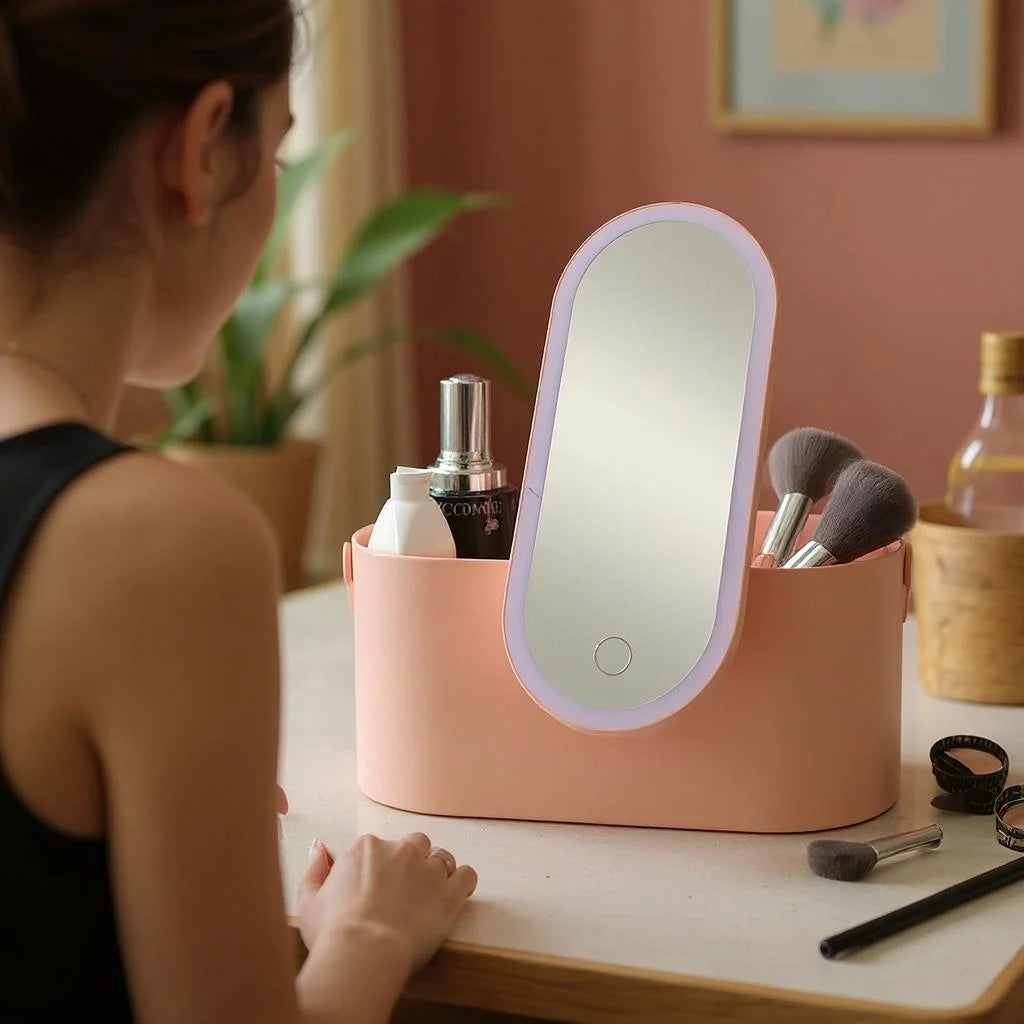 Portable makeup case with lighted mirror 