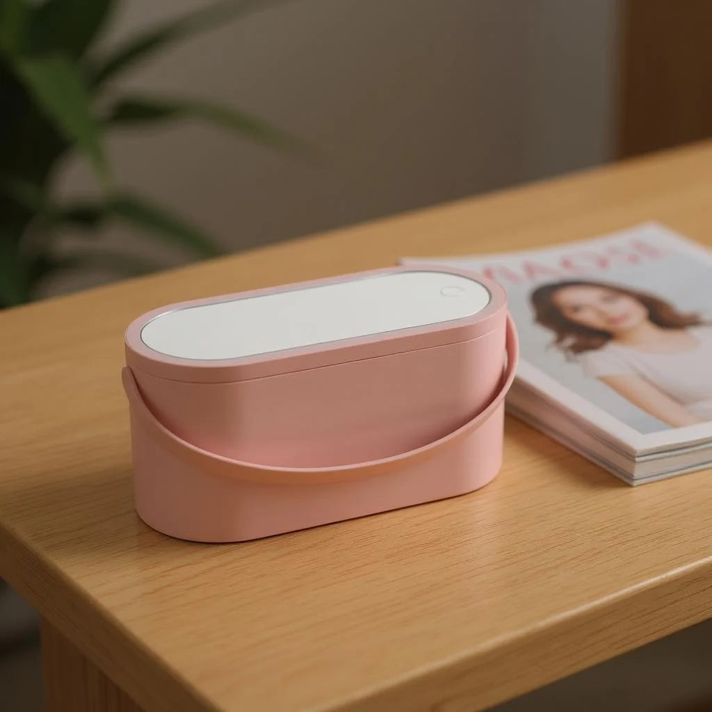 Portable makeup case with lighted mirror 
